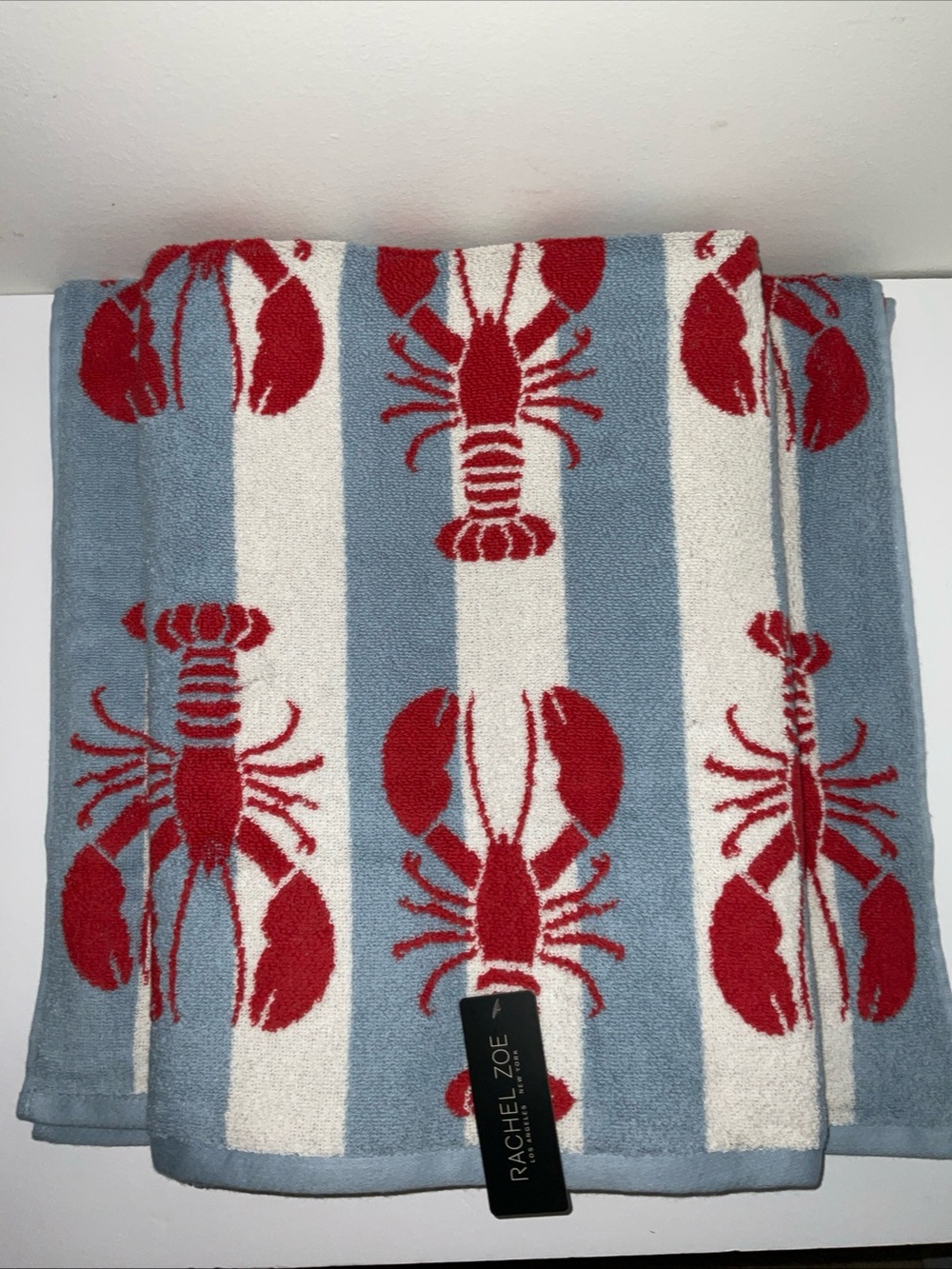 RACHEL ZOE BLUE WHITE STRIPED RED LOBSTER COTTON OVERSIZED 40x70 BEACH TOWEL NWT